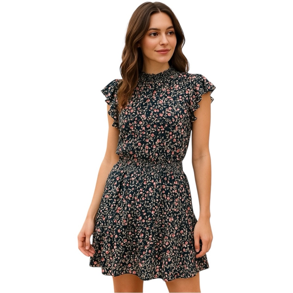 Micro Floral Print Smocked Waist Ruffle Sleeve Dress Large Boho Chic Cottagecore